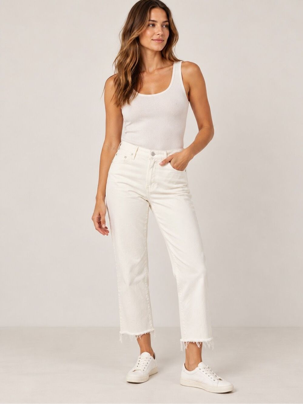 MOTHER Insider Crop Step Fray Jeans Glass Slipper Size 29 White Raw Hem